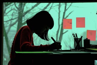 A silhouette of a person writing at a desk, framed by a large window with trees visible outside and sticky notes on the glass, symbolizing the introspective process of storytelling and creative expression.