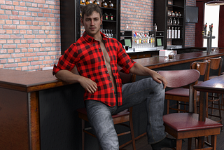 Man in unbuttoned shirt leaning against a bar.