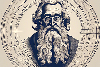 An illustration of a man’s face with the appearance of a philosopher: beard and long hair, with a serene and wise look.”