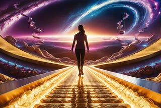 A silhouetted figure stands at the edge of a glowing pathway leading into a vast cosmic expanse, symbolizing life’s transitions and stepping into the unknown with confidence.