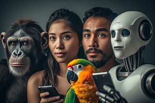 An ape, two humans, a robot, and a parrot.