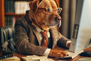 A diligent dog dressed in a tweed jacket and glasses focuses intently on a computer screen.
