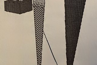 Computer art drawn on a late 1980s Mac. A cuboid with legs jumps off of a high rise upside down pyramidesque lightning bolt 3d shape. Where the cuboid jumped off is a missing shape, with the same dimensions as the cuboid. A ladder leads up from the ground to where the cuboid jumped off. On the ground, the cuboid is headed to an ice cream cone shaped pool, that it won’t quite fit into.