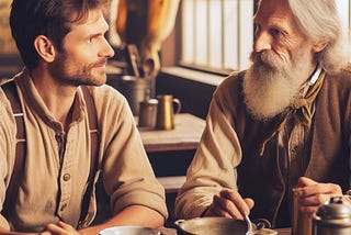 Two men, one in his 30s and the other in his 70s, are having a conversation over lunch in an Old West mining town diner.