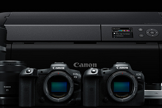 Canon R5 and R6 cameras, new RF lenses and Pro-300 printer — picture from Canon