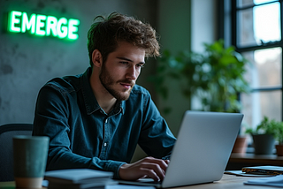 Young man in a blue denim shirt working intently on a laptop, with a bright green neon ‘EMERGE’ sign on the wall behind him and potted plants near a window in the background.
