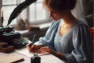 Young woman in a blue dress, wriing at a desk with pen and ink. a typewriter is to her right.