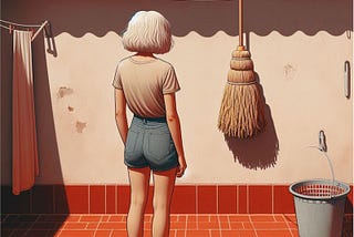 Woman looking at a mop hanging on a wall