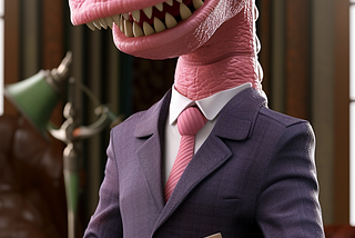 A pink dinosaur in a suit.