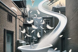 surrealism, Setting: an alley outside the stage door of a theatre. an abandoned bathtub. flying in the air are swirls of white feathers. just feathers without birds. from a fire escape in a building blocks away a luge ice track extends to the bathtub. a very large empty LUGE sled flying off the ICE track into the air about to crash into the tub.
