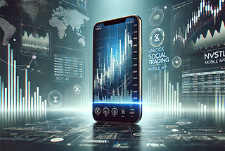 Cover image featuring a smartphone displaying the NVSTly mobile app interface with trading charts, social features, and financial data. The background includes abstract lines, financial icons, and a futuristic design emphasizing stocks, forex, and cryptocurrency trading.