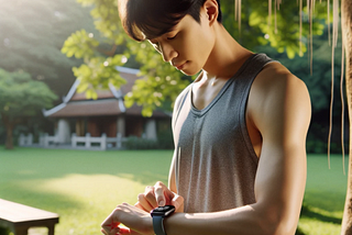 A person in a vest-top looking down at their smartwatch using it as part of their mindfulness regime on a sunny day outside in a park.