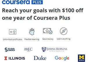 Get $100 off Coursera Plus Until April 1st. Get access of 7000+ Courses and Certificates for 12 months at $299 (regularly $399).