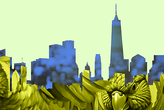 A city landscape overlaid with animals and human