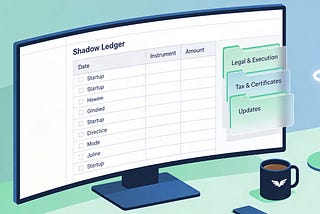 An isometric 16:9 illustration of a minimalist angel investor workspace, showing a large ultra-wide monitor with a simple spreadsheet titled “Shadow Ledger” listing fictitious startup investments, alongside subtle folder overlays labelled “Legal & Execution”, “Tax & Certificates”, and “Updates”, with a coffee mug marked by a small wing icon and a halo-shaped desk lamp adding quiet angel-investor cues against a calm, muted blue and green background.