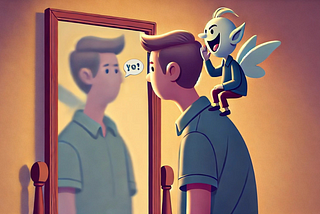Man looking in mirror with mean caricature on shoulder representing the inner critic.