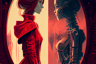 robot and girl staring at each other