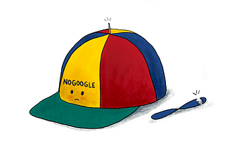 A sad noogler hat with a broken propeller that says no google