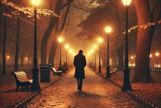 A man self reflecting through the park