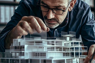 Focused architect meticulously reviews a scale model of a building design in his office.