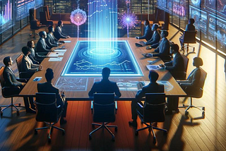 a scene where a group of diverse professionals are engaged in a strategic meeting around a high-tech, holographic display table. The display shows various abstract data visualizations and graphs that represent complex corporate strategies and decisions. The setting is a modern, well-lit boardroom with large windows overlooking a city skyline at dusk, symbolizing the broad perspective and high stakes involved in corporate decision-making.