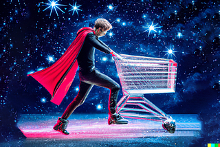 A superhero with a shopping cart