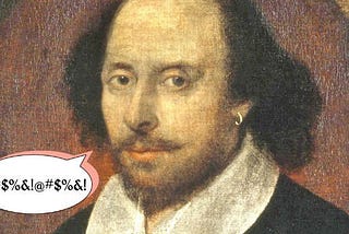 A portrait of William Shakespeare with a speech bubble with random symbols.