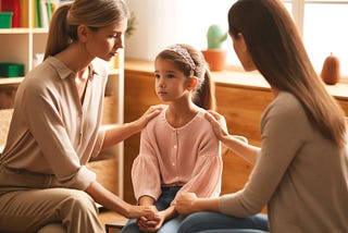 A warm and supportive scene in a classroom where a young girl, Sophie, is sitting with her mother and her teacher, who is gently explaining the importance of recognizing her emotions.