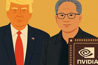 IMAGE: Donald Trump and Jensen Huang standing side by side. Trump is dressed in a navy suit with a red tie, while Huang wears a black leather jacket and glasses. Behind them is a large Nvidia computer chip set against a warm golden background