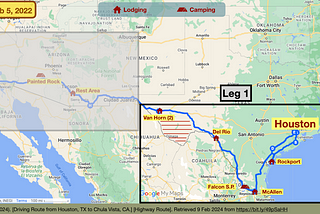 Google Map of southwestern U.S.A. from Texas to California with road route shown with Leg 1 highlighted