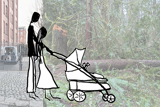 A sketch of a man and a woman pushing a pram overlaid on two faded images: bricks and cobblestone on the left; thick forest on the right.