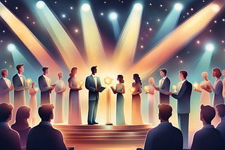 Illustration of a stage with award recipients during an awards ceremony