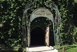 Metal gate with metal peacocks on top that reads ‘Fountain of Youth’