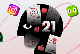 Illustration of a human head silhouette with icons of popular apps like Instagram, Spotify, Duolingo, and Reddit surrounding it, alongside behavioral design frameworks like the Hook Model and Habit Loop.