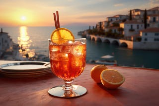 A brightly colored drink against a background of the sea and houses