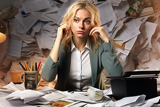 Frustrated woman sitting at a desk covered with paper