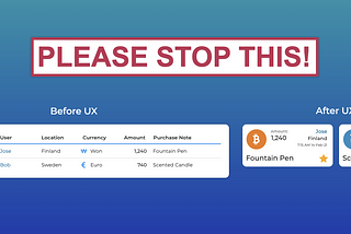 An opening image showing a “Before and After UX” image and red text stating “Please stop this!”.