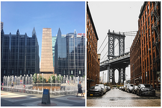 From left to right: PPG Place in Pittsburgh, PA; Brooklyn, NY with bridge in background