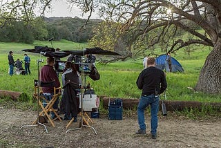 film shoot in a meadow with a large tree