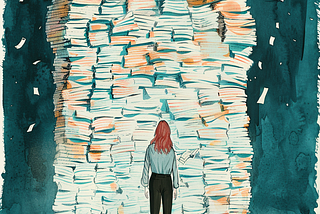 A woman staring a huge pile of additional work that seems to keep stacking on top of each other