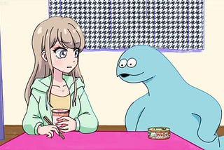 Still of Gal & Dino animated segment, Dino happily looking at Kaede’s cup of ramen at their pink table