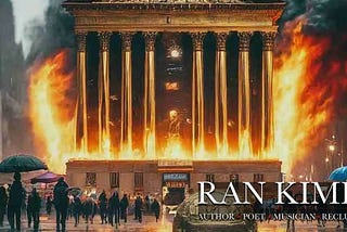 A building of the system burning with unfazed people walking about out front in a plaza