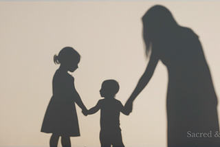 Silhouettes of a woman holding hands with two children, suggesting family, inherited wounds, protection, and grace.