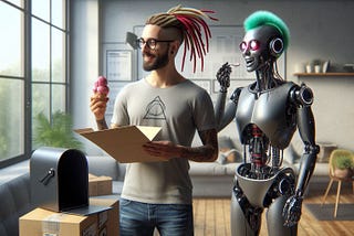 A hyper-realistic image of a hipster man with a beard and colourful dreadlocks next to a robot with exposed mechanics and a teal mohawk. Both are eating ice cream, standing next to an open mailbox with an open package enjoying their success. Background is a relaxed modern, sunlit office space with potted plants, furniture and floor to ceiling windows, evoking a sense of casual communial space.