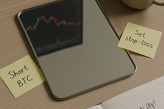 Mirror on trading desk reflecting candlestick chart, symbolising copy trading platforms and strategic market reflection.
