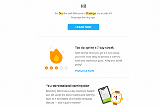 My welcome email from Duolingo, with tips to learn regularly and an invitation to set up a personalised learning plan.