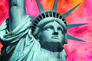 Close-up of the Statue of Liberty’s face and crown with raised torch, set against a dramatic pink, orange, and coral painted background.