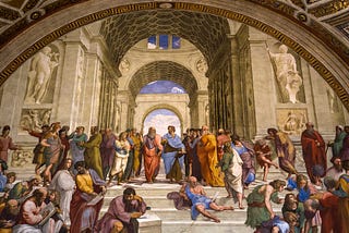 Pintura do renascentista italiano Rafael Sanzi com homens filósofos da antiguidade conversando em uma academia filosófica.