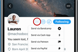Twitter’s Tip jar feature sits on the user’s profile next to the message icon