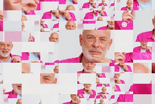 Multiple images of Brian Eno, layered in a kaleidoscope-like collage.